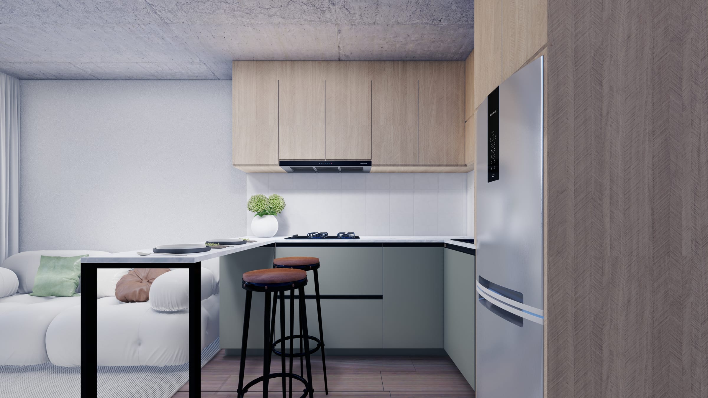 Cocina verde oliva con detalles negros — interiorismo industrial Bogotá — APLOSS
