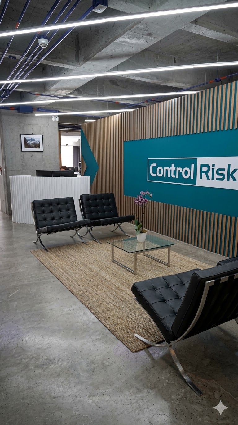 Lobby renovado con acabado cemento pulido — Control Risk Bogotá